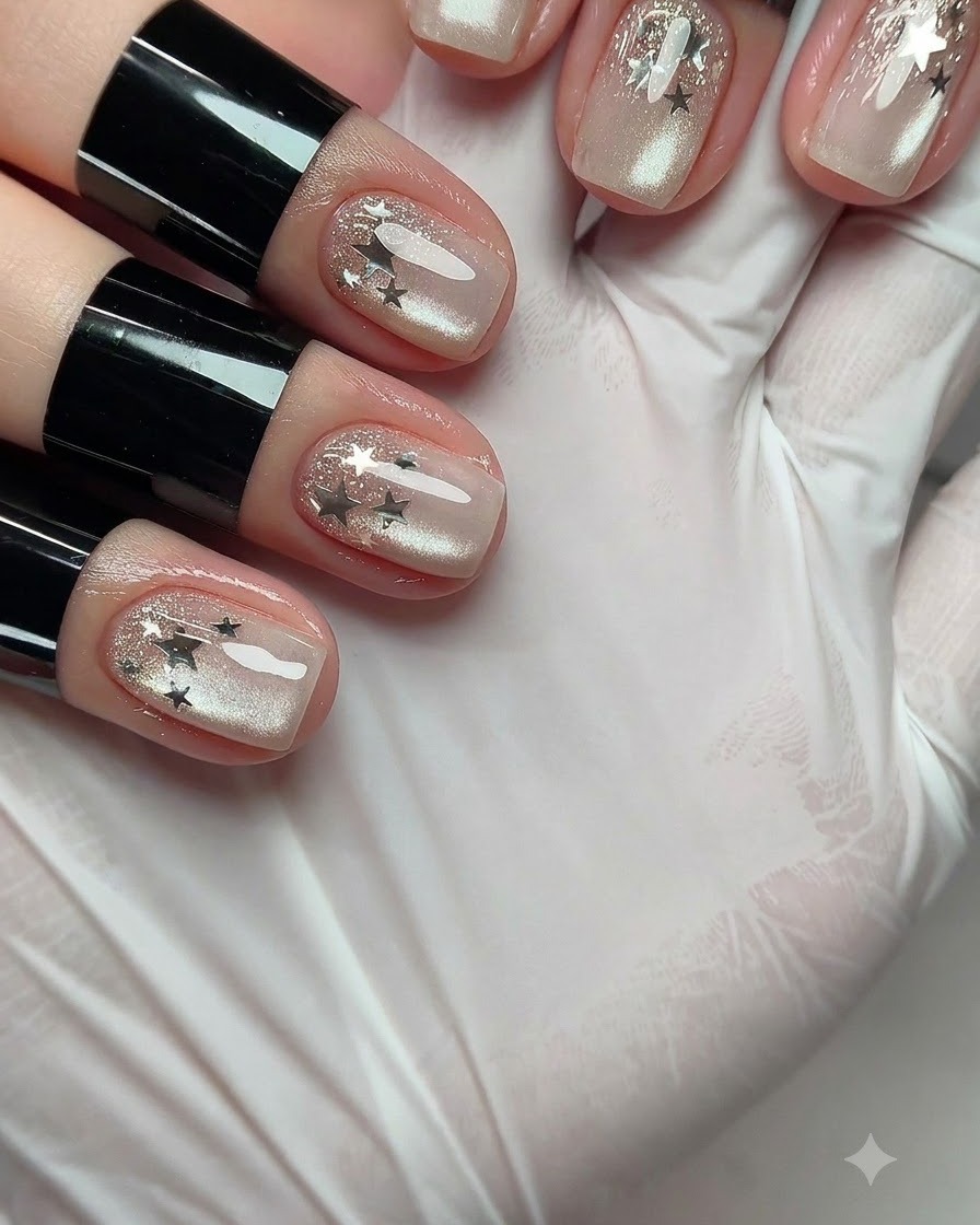 Un pincel de manicura aplicando esmalte de gel brillante plateado con efecto ojo de gato sobre una uña.