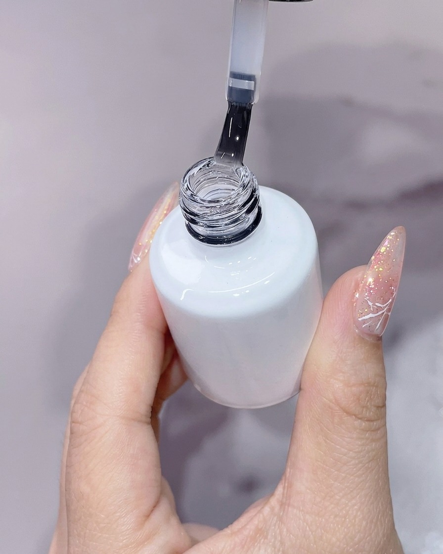 Una mano sosteniendo un frasco blanco abierto de capa superior con el aplicador de pincel levantado, mostrando el líquido transparente del esmalte sobre un fondo claro.
