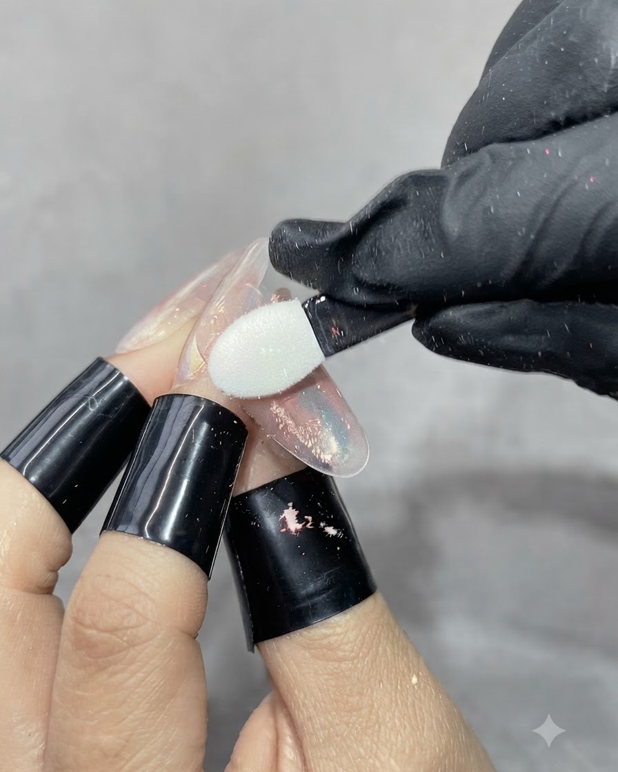 Una mano con guantes utilizando un aplicador de sombra de ojos de esponja blanca para frotar polvo aurora sobre una uña esculpida translúcida.