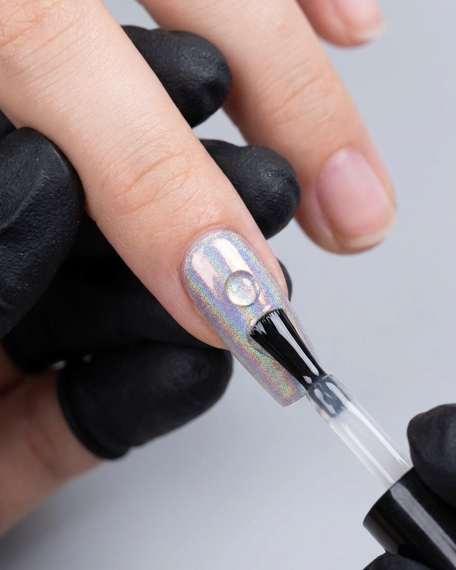 Un pincel aplicando una gota transparente de gel fortalecedor en el centro de una uña holográfica.