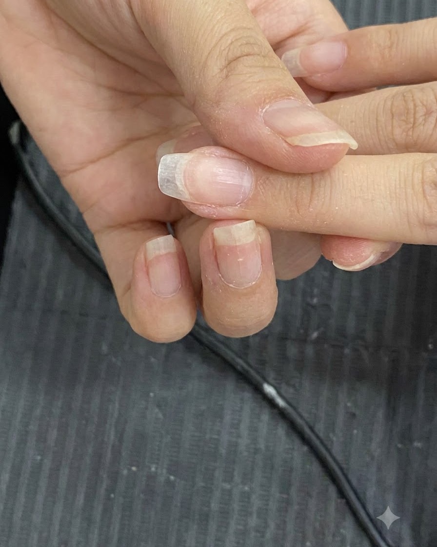 Una lima de mano manual dando forma a los bordes de extensiones de uñas transparentes.