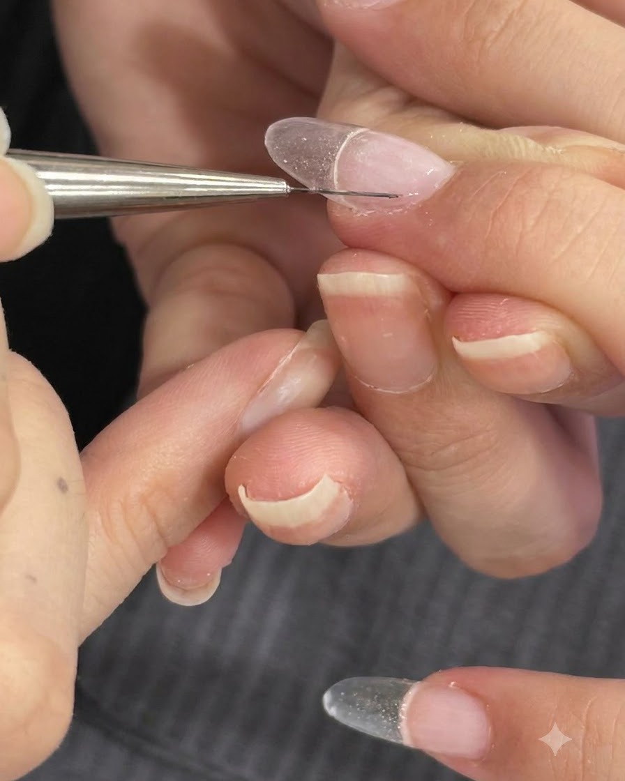Un pincel delineador fino alisando el gel de estructura cerca del área de la cutícula.