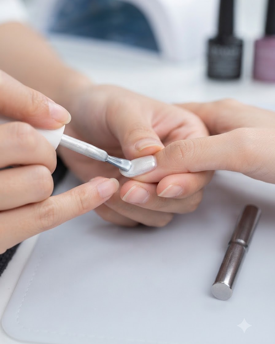 Un pincel de uñas aplicando una capa de gel cat-eye blanco lechoso brillante sobre una uña.