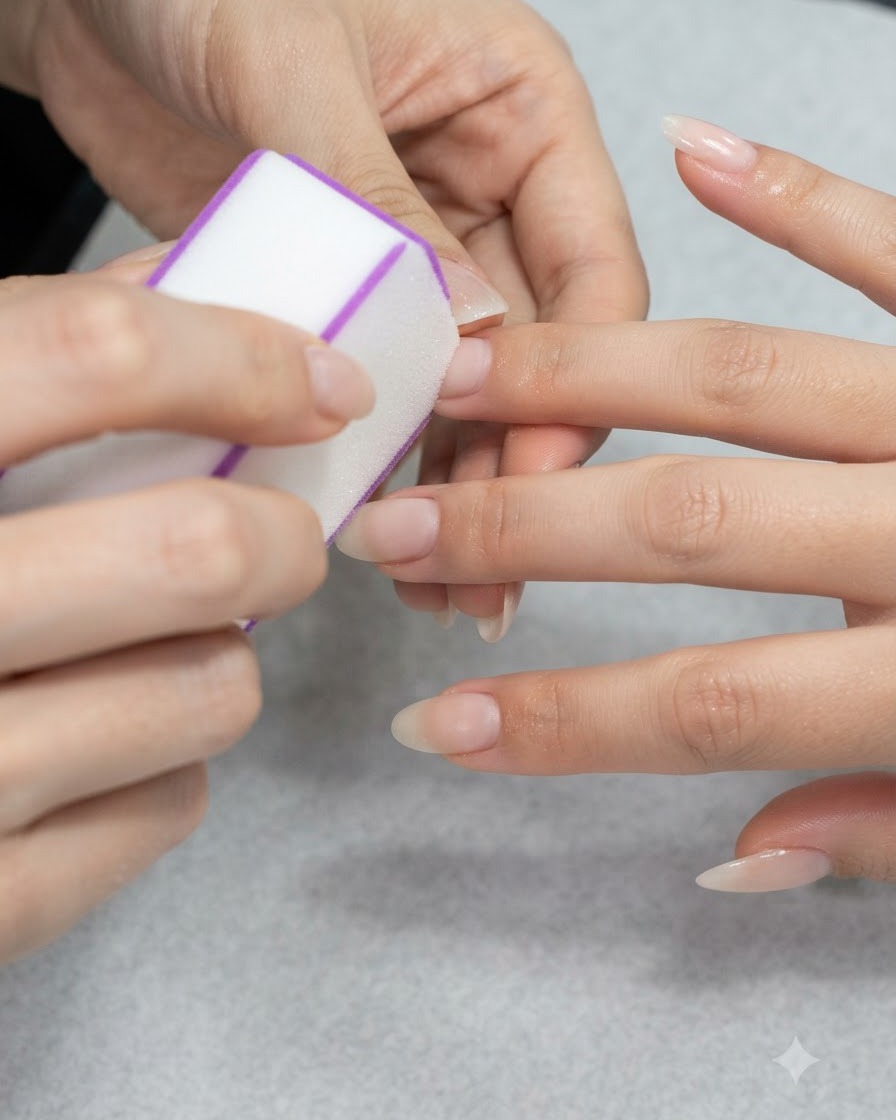 Un cepillo de maquillaje suave barriendo con cuidado el exceso de polvo de la superficie de una uña arreglada.