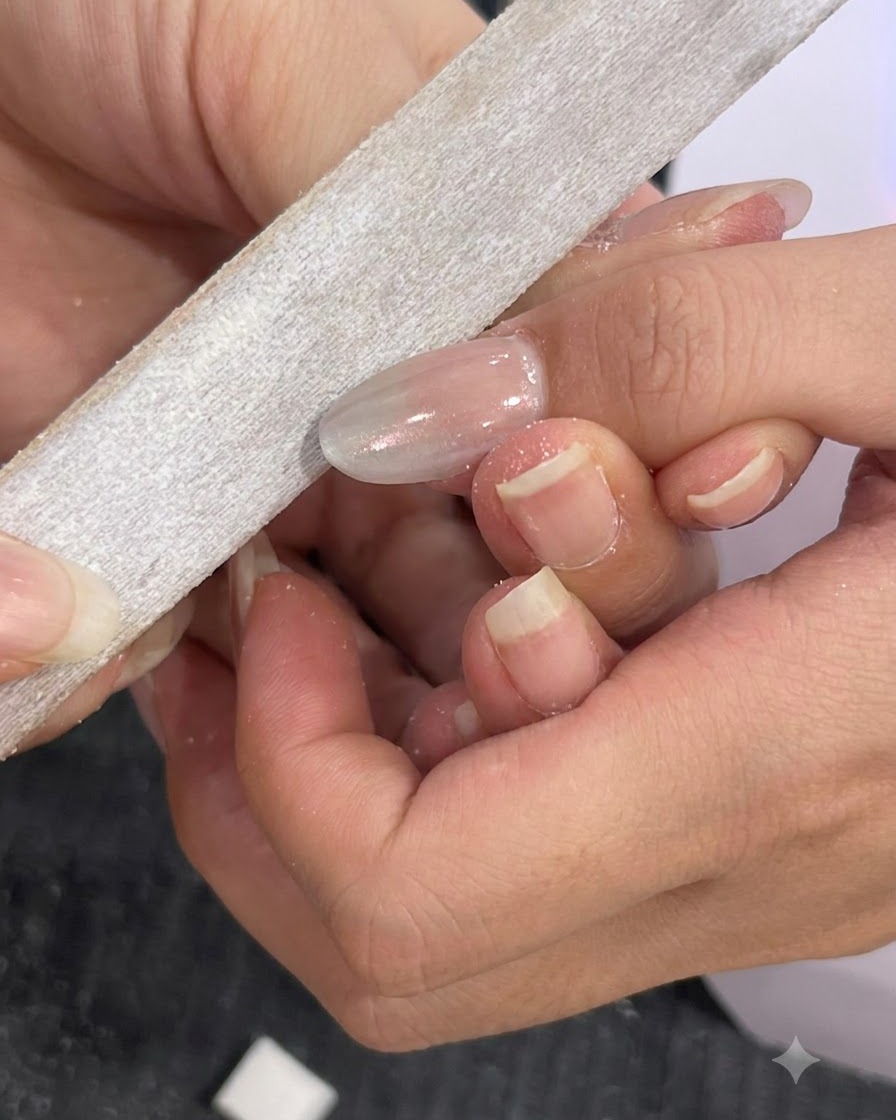 Una lima de mano dando forma y limpiando con cuidado los bordes de una uña terminada.