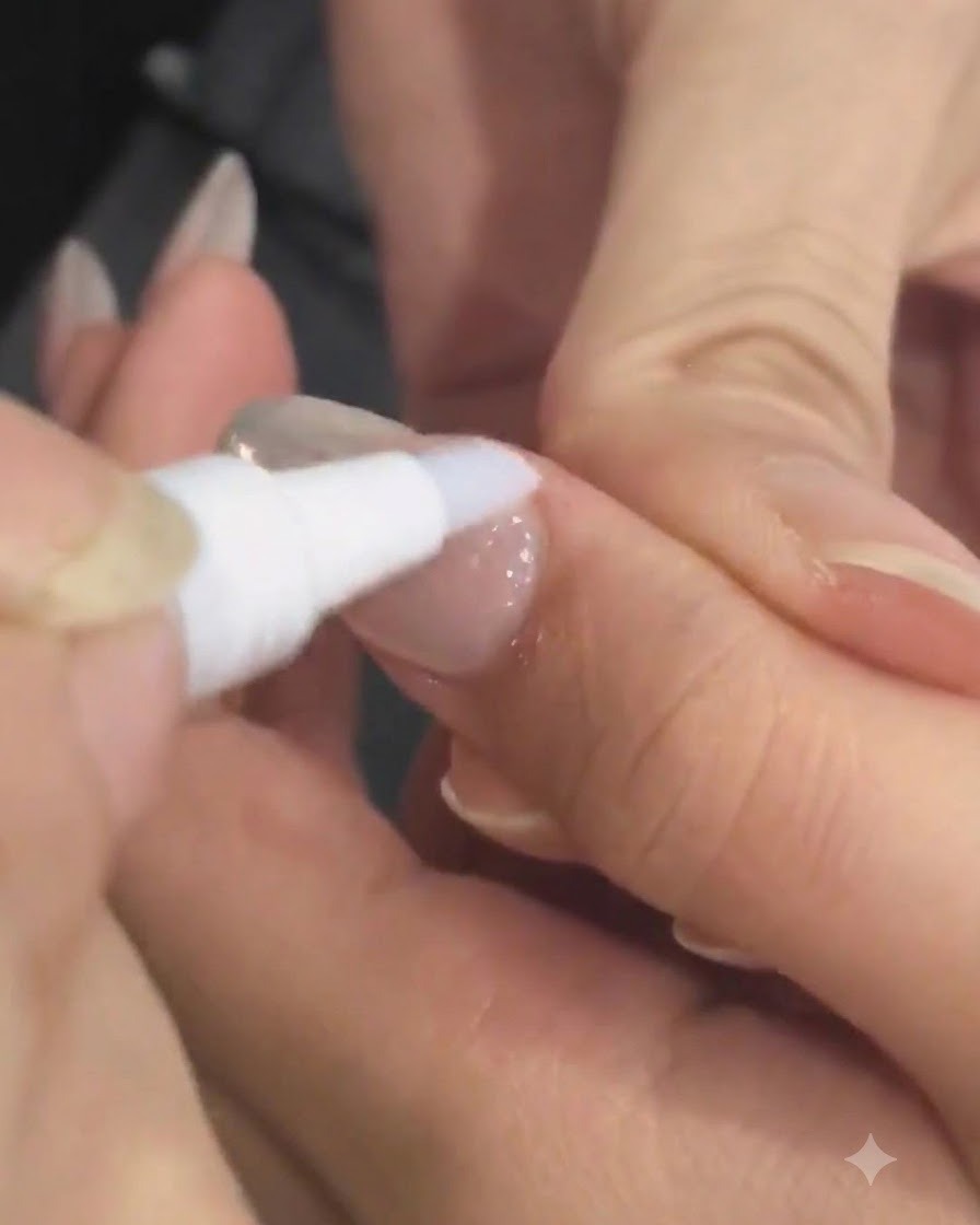Un lápiz de aceite de cutículas aplicando aceite nutritivo en el área de la cutícula de una manicura terminada.