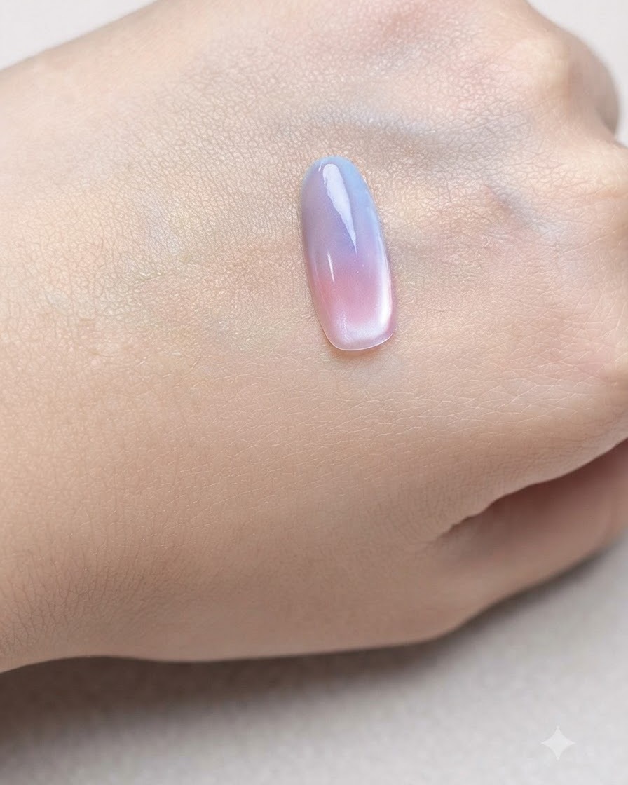 Una punta de uña bajo una lámpara de curado después de aplicar el efecto magnético cat-eye.
