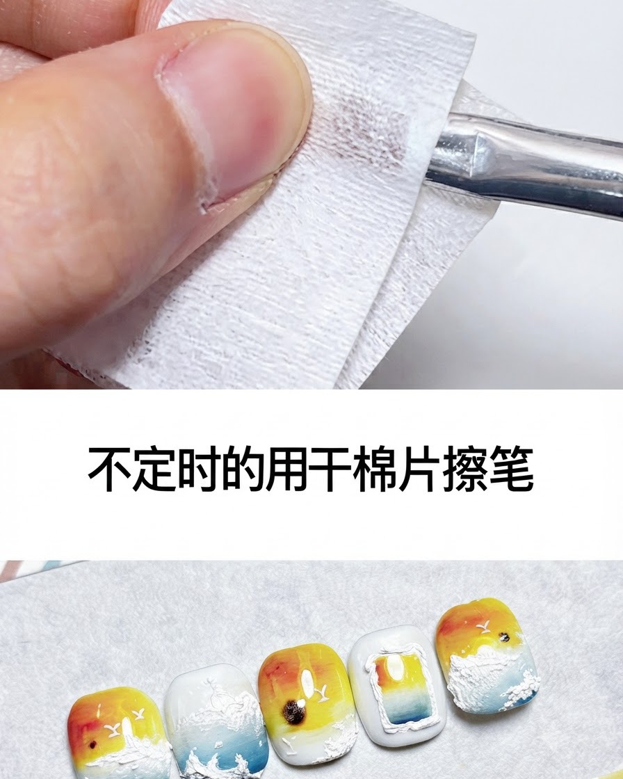 Un pincel de arte de uñas siendo limpiado en una almohadilla de algodón seca.