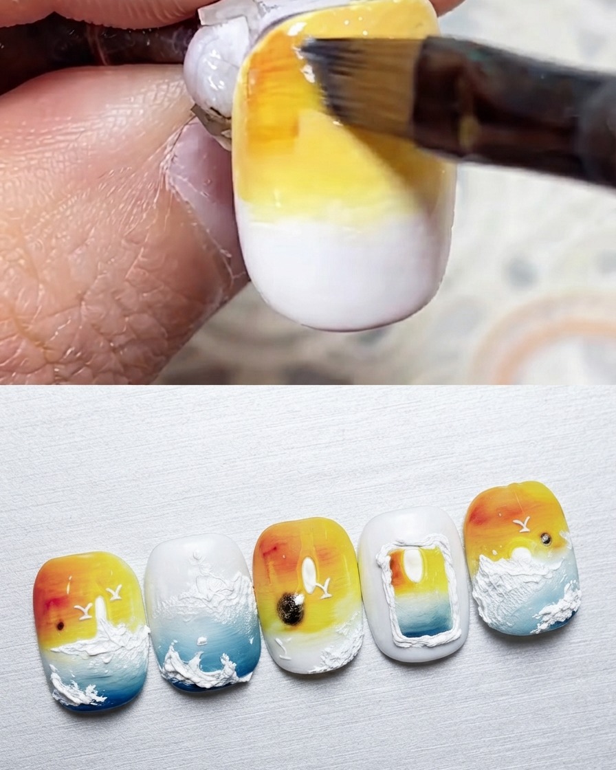 Un pincel aplicando gel naranja dorado en la parte superior de la uña.