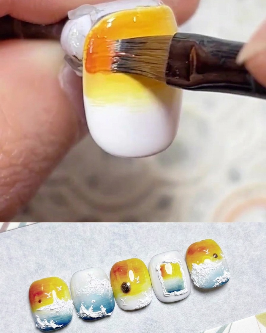 Un pincel aplicando gel naranja vibrante en el extremo del borde superior de la uña.