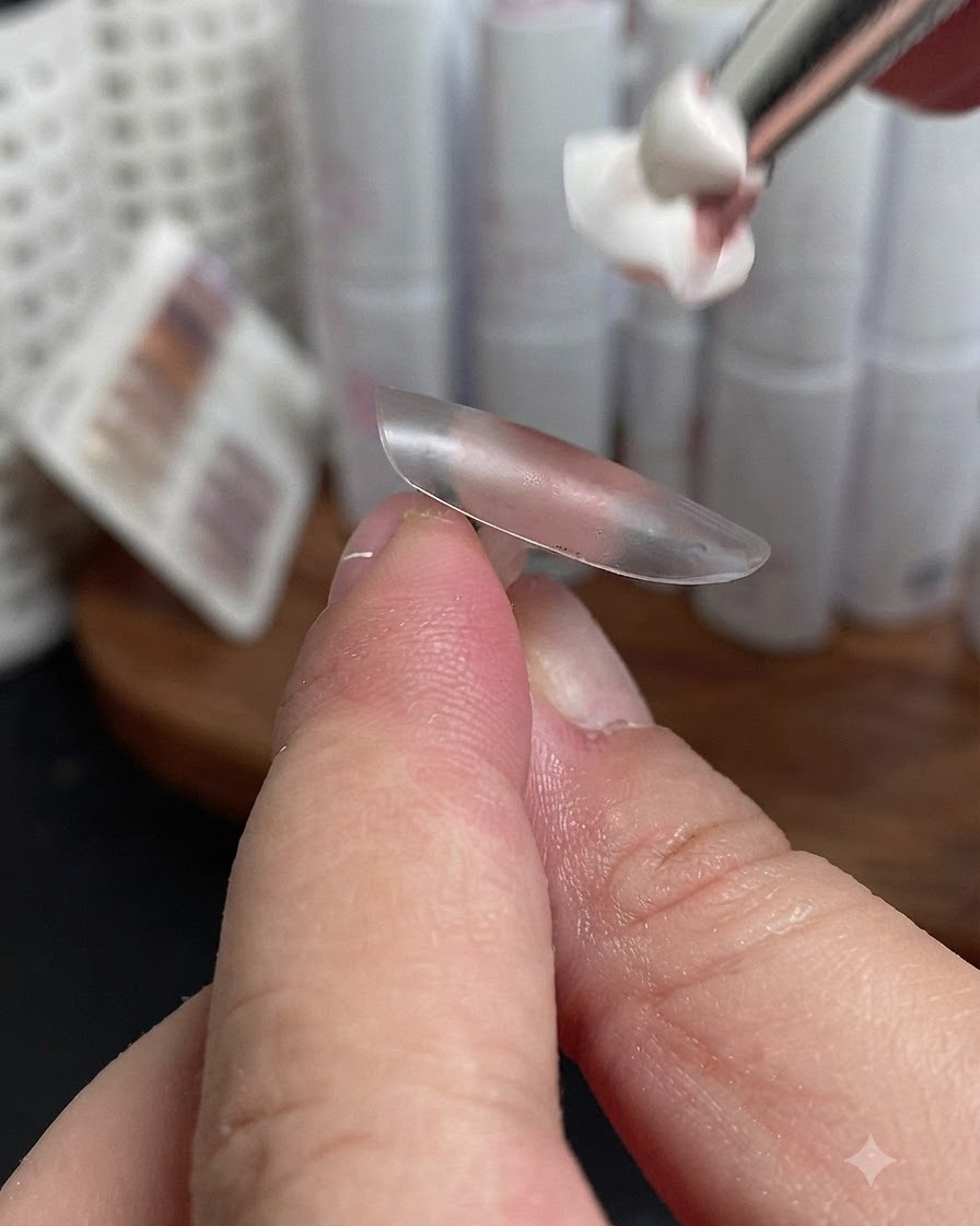 Un pincel aplicando una capa base rosa claro sobre una punta de uña transparente.