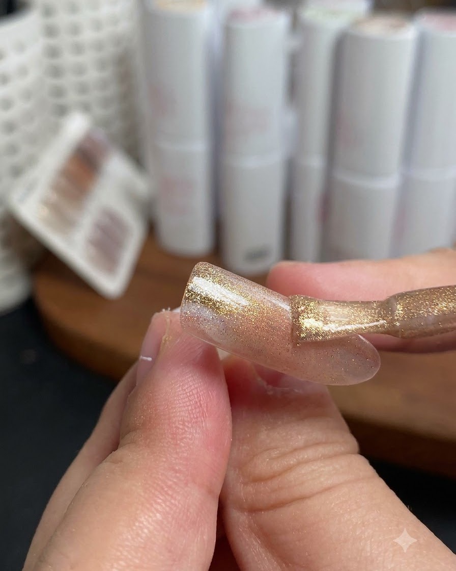 Un pincel aplicando esmalte cat-eye dorado mientras muestra la alineación del brillo en la punta de la uña.