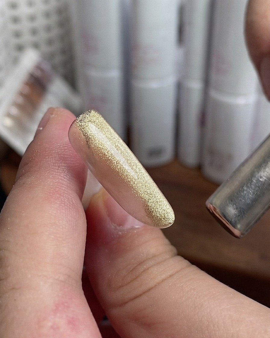 La punta de la uña del dedo índice con esmalte cat-eye dorado junto a un imán.