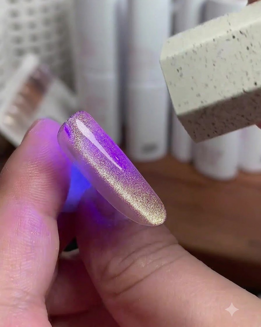 Una luz UV púrpura curando el esmalte de uñas cat-eye dorado con una herramienta cerca.