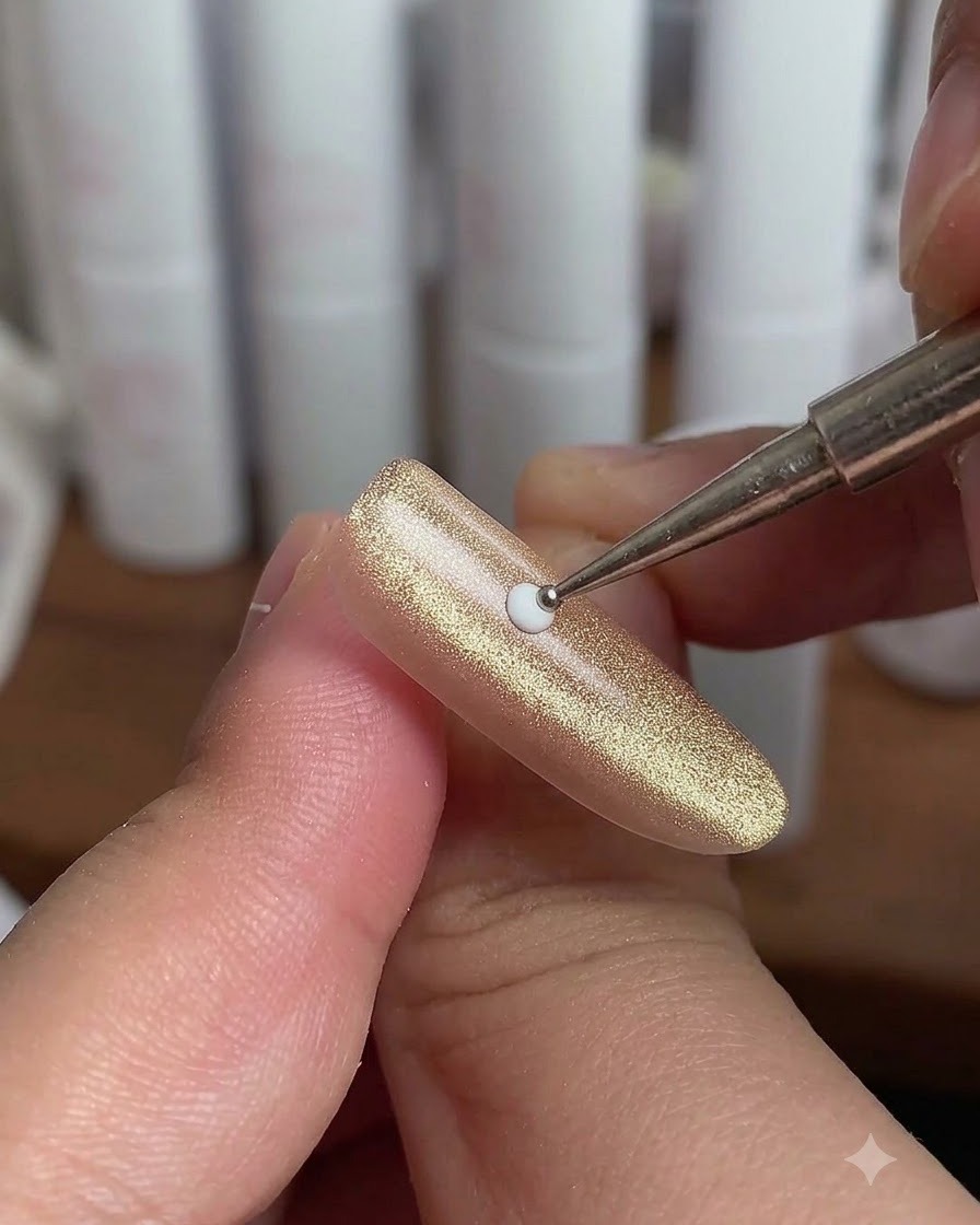 Un primer plano de una artista de uñas usando una herramienta punteadora para colocar pequeños puntos blancos alrededor de un punto central en una uña cat-eye dorada.