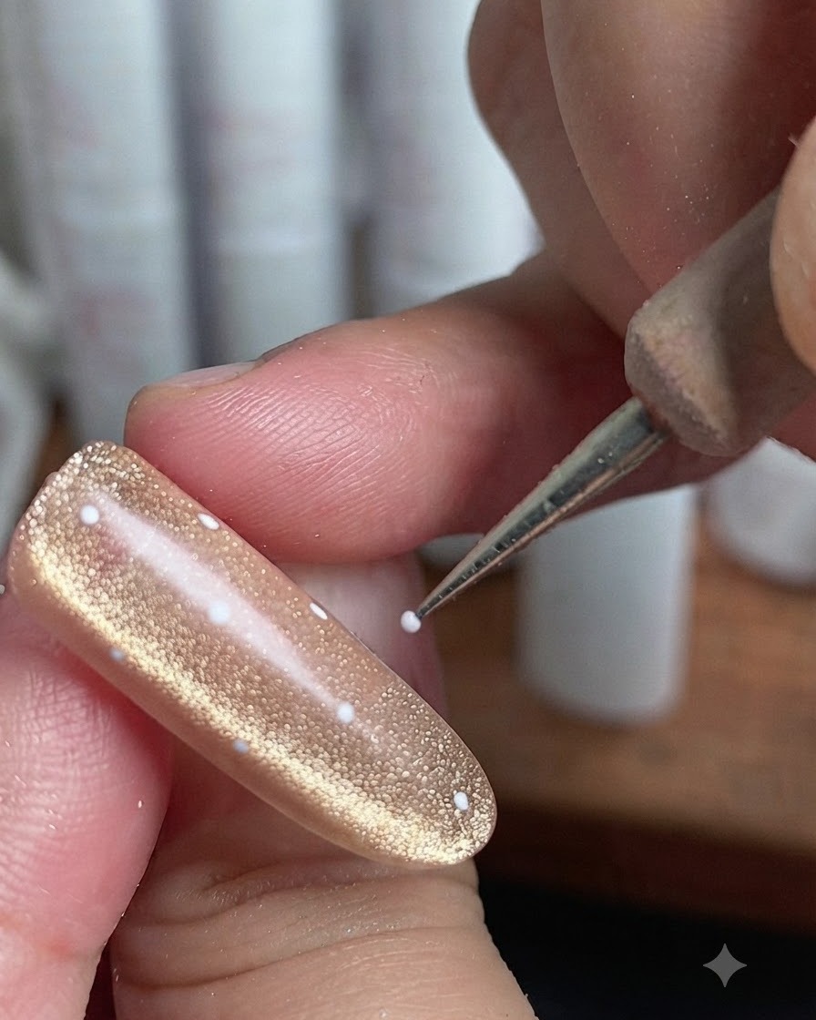 Una uña con arte de puntos blancos curándose bajo una lámpara de uñas UV.