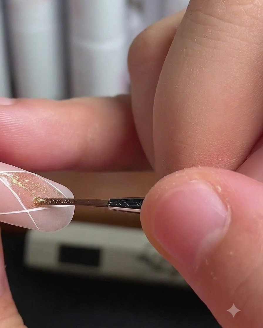 Un pincel fino aplicando esmalte cat-eye dorado dentro de una sección de diamante en una uña.