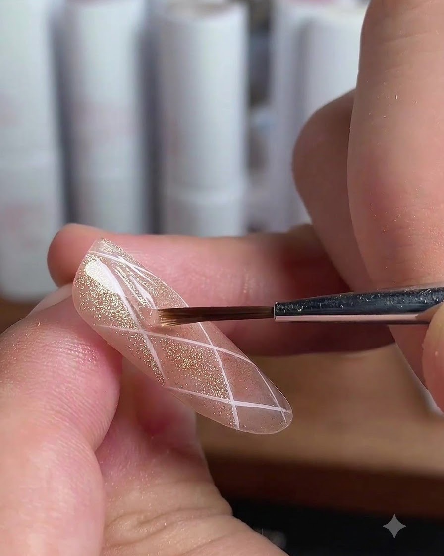 Un pincel aplicando capa superior sobre secciones de diamante individuales de una uña.