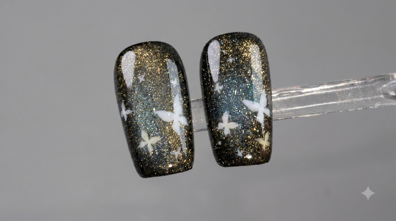 Uñas de Ojo de Gato con Mariposas Doradas y Estrellas Fugaces — Tutorial Paso a Paso