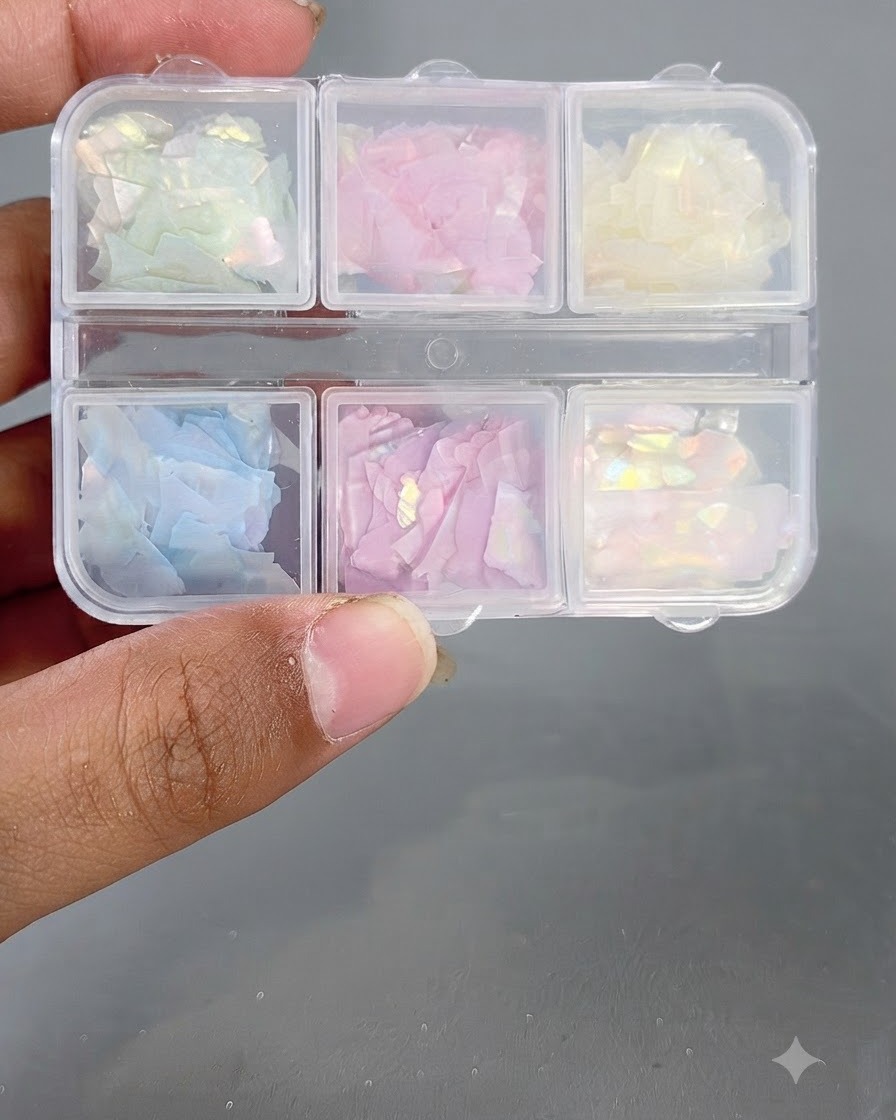 Una caja de almacenamiento de múltiples compartimentos llena de piezas de concha iridiscentes y coloridas variadas.