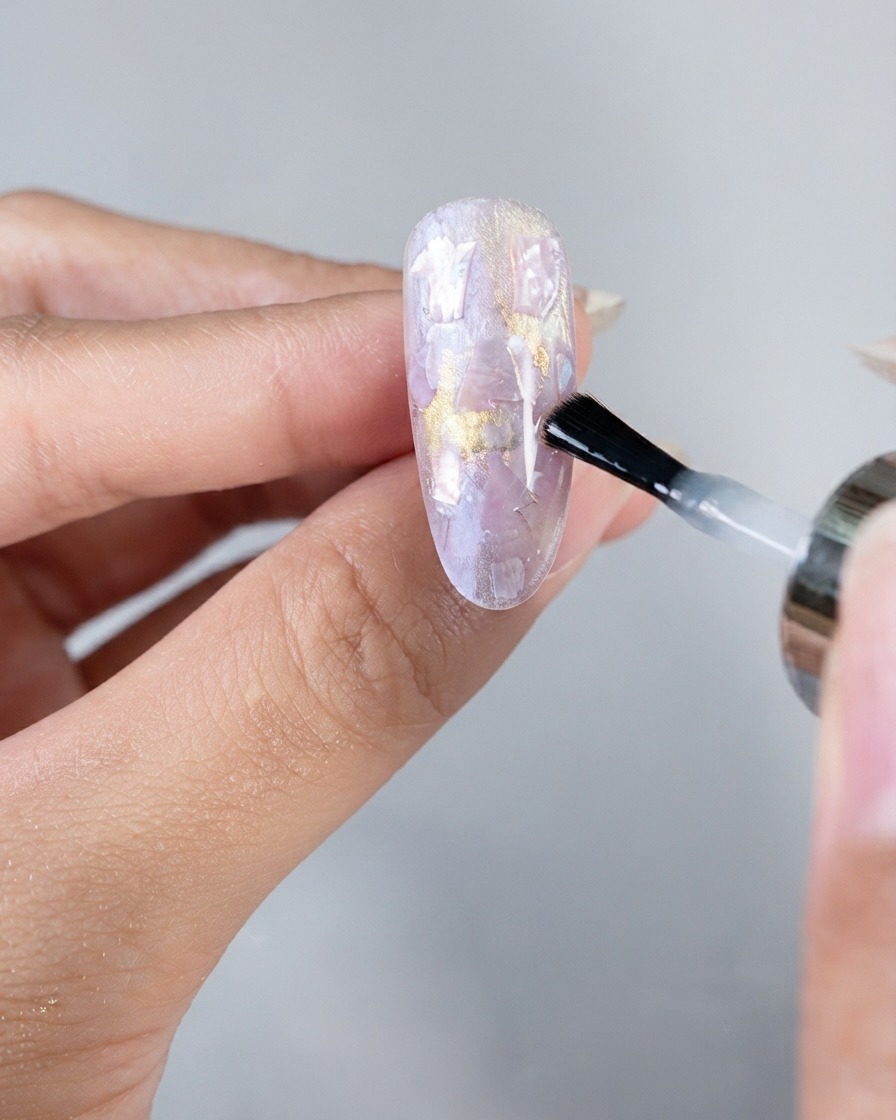 Un pincel aplicando una capa transparente de gel constructor suave sobre la superficie de la uña decorada con concha.