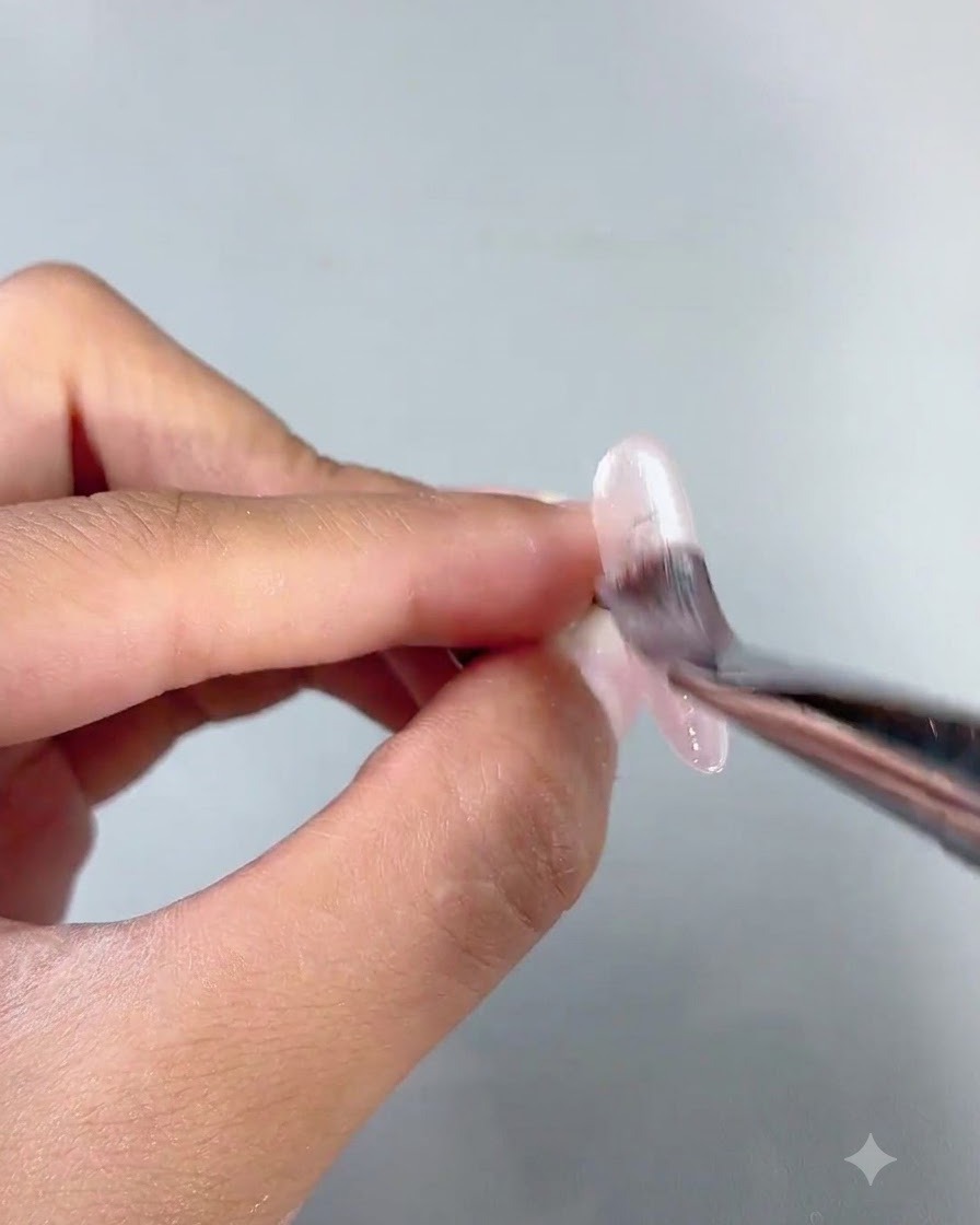 Un pincel de uñas aplicando gel aqua transparente sobre una extensión de uña sostenida entre los dedos.