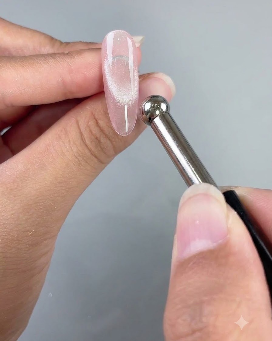 Una varita magnética flotando junto a una uña de gel ojo de gato rosa claro para formar un reflejo de luz concentrado.