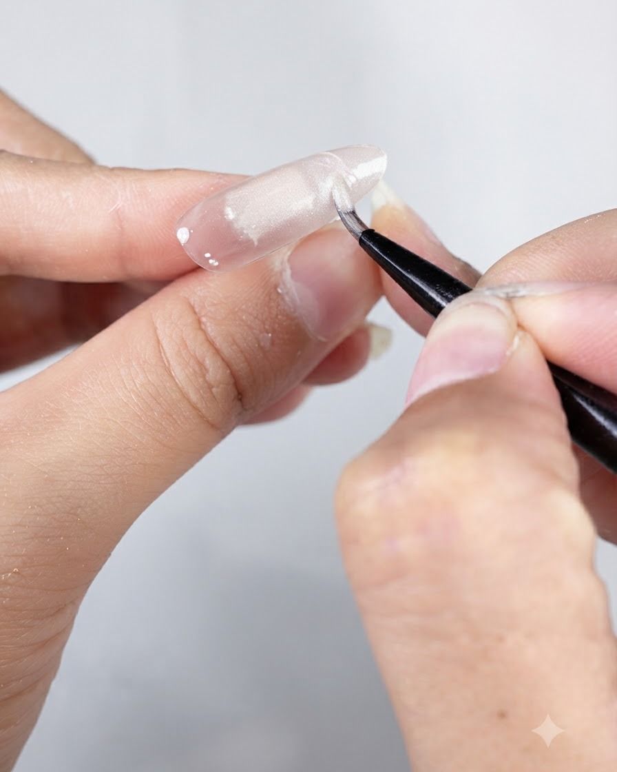 Un pincel delineador de arte sumergiéndose en delicado gel perlado número 3 sobre una uña preparada.