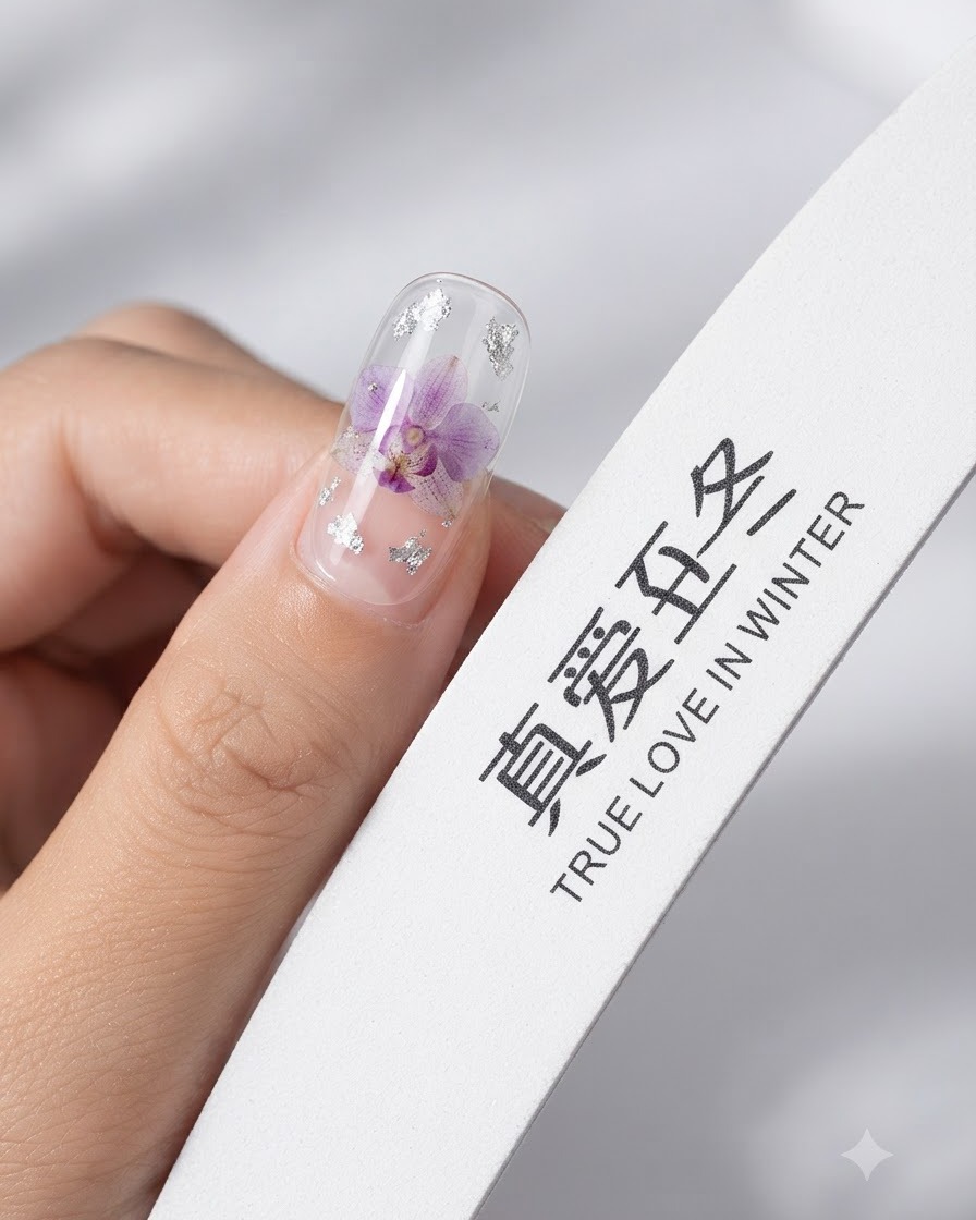 Una lima de uñas alisando la superficie de una uña artificial transparente adornada con detalles florales morados y copos de lámina plateada.