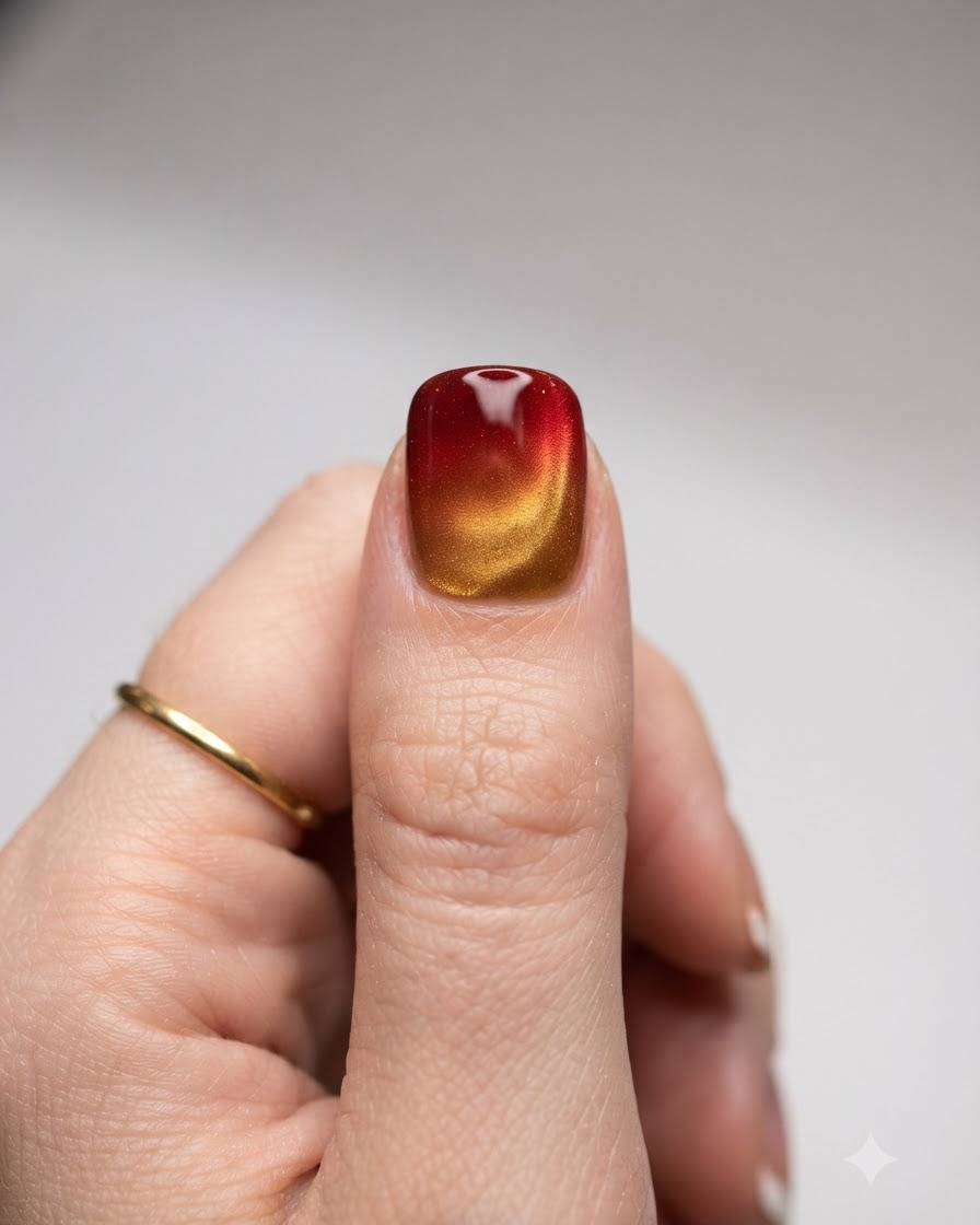 Una vista de cerca de una varita magnética sostenida cerca de la uña del pulgar pintada con gel amarillo de ojo de gato.
