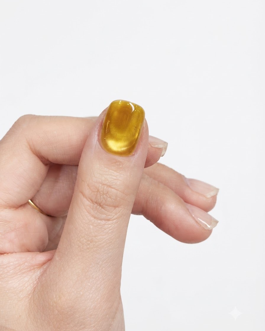 Una muestra clara de una base de gel amarillo de ojo de gato completamente curada en la uña del pulgar contra un fondo neutro.