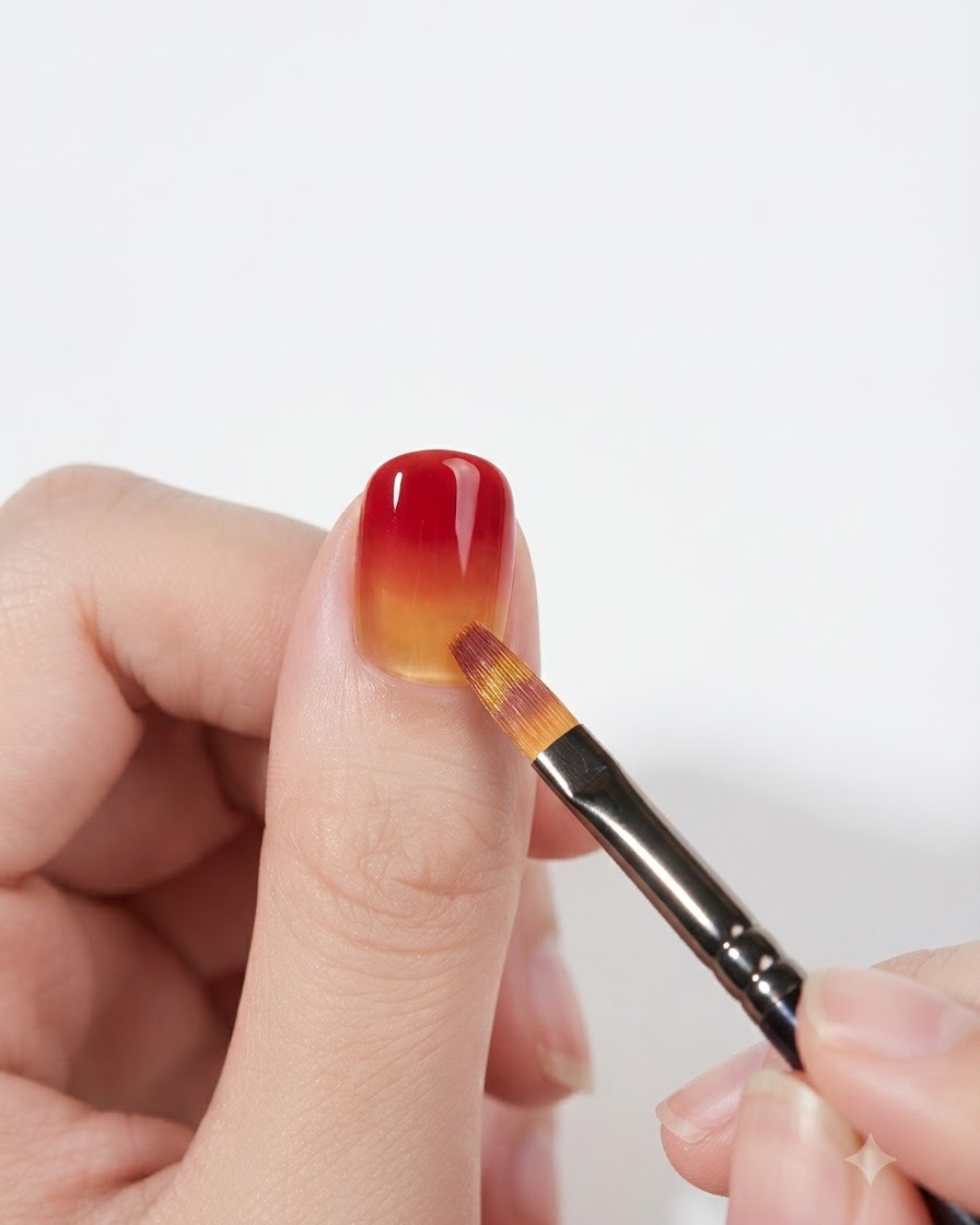 Un pincel plano de gel difuminando suavemente la zona de transición entre el rojo y el amarillo en una uña.