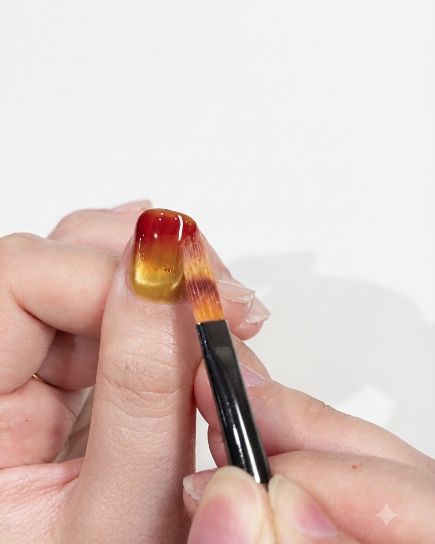 Una mini lámpara de uñas UV/LED colocada directamente encima de un dedo, curando el diseño de gel degradado rojo y amarillo.