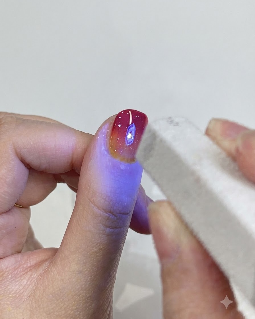 Una mini lámpara UV/LED emitiendo luz azul sobre una mano durante el proceso de curado en gel.