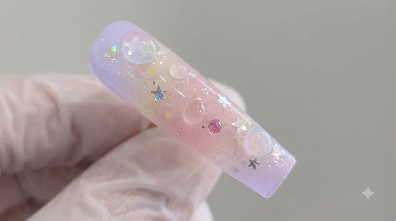 Uñas de Degradado Primaveral con Burbujas y Purpurina de Estrellas — Tutorial Paso a Paso
