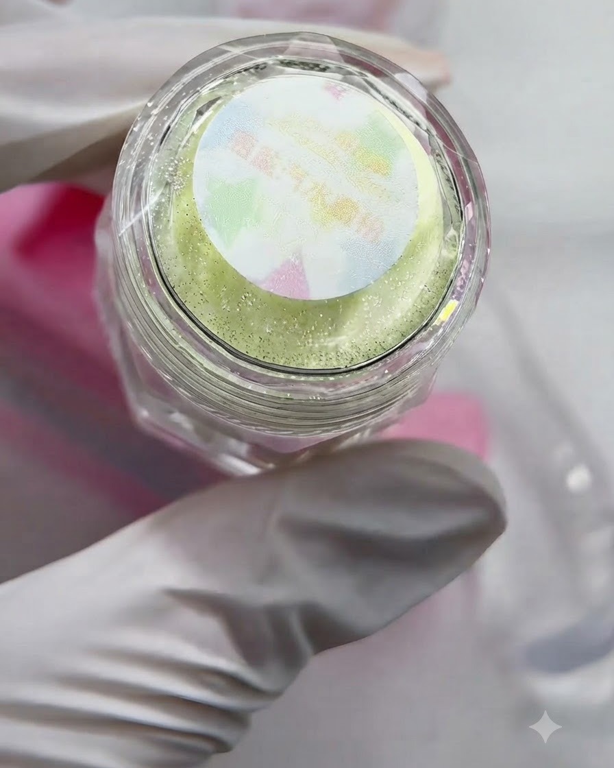 Una pequeña herramienta esparciendo polvo de purpurina amarilla brillante sobre líneas de llamas de gel pintadas.