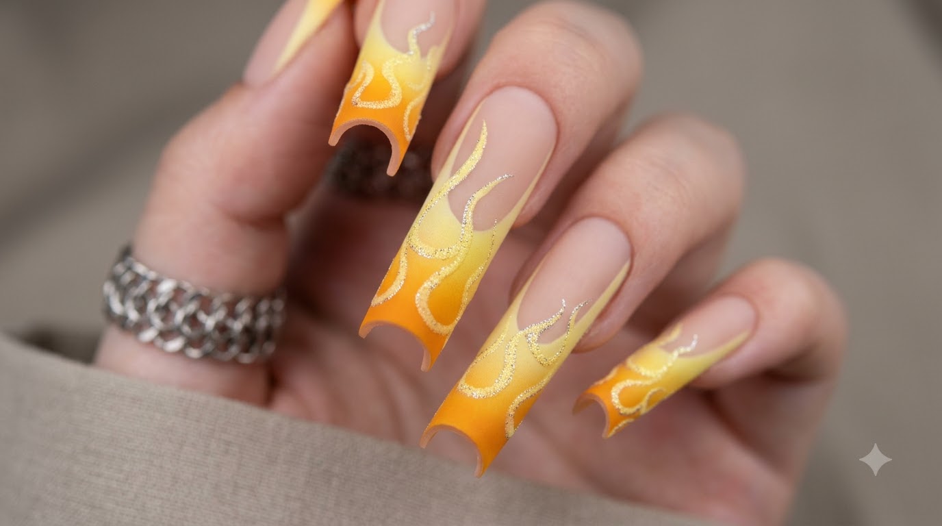 Diseño de Uñas con Llamas Naranjas y Acentos de Purpurina Plateada: Tutorial Paso a Paso