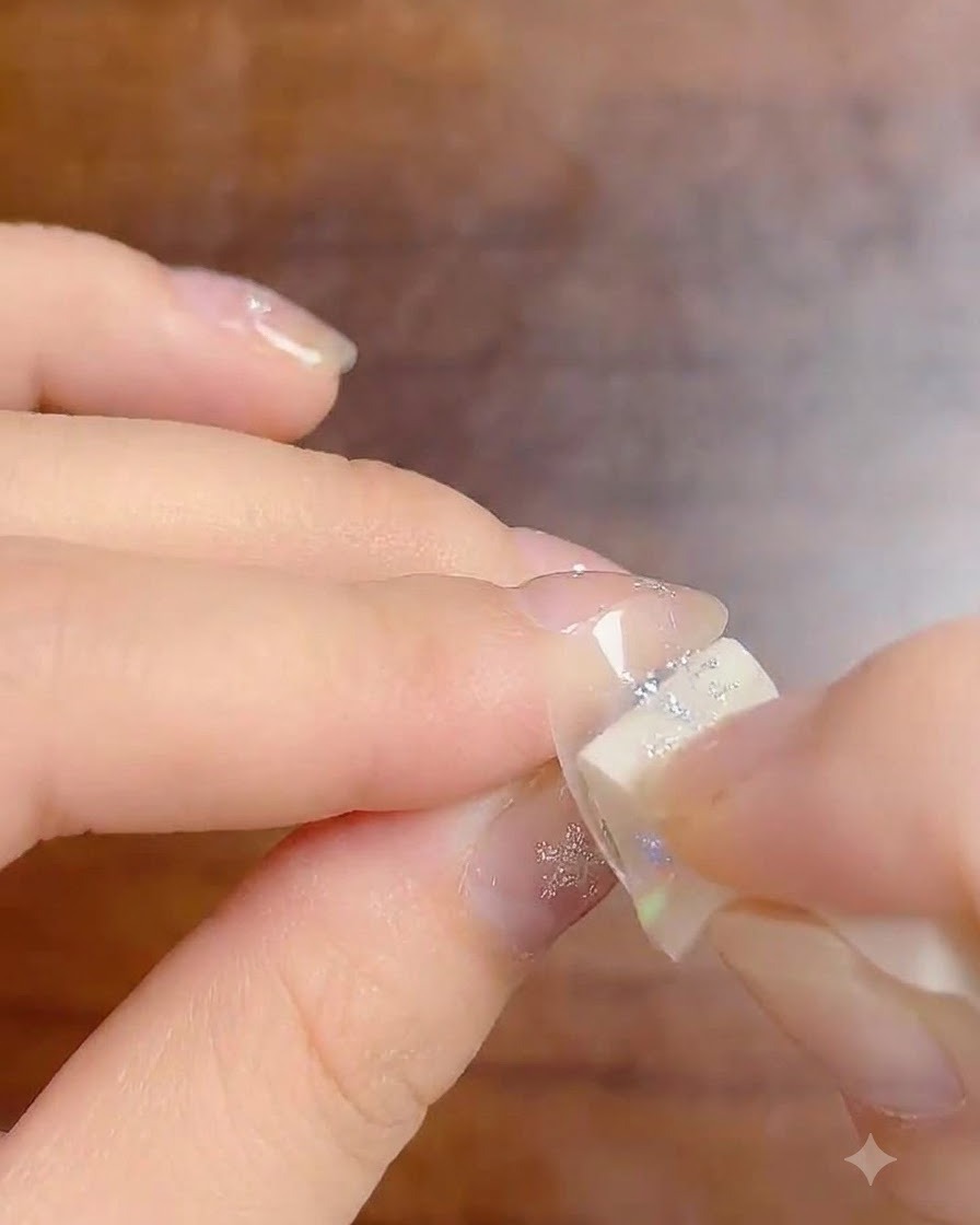 Una pequeña esponja de maquillaje aplicando gel degradado blanco lechoso en la punta de una uña.