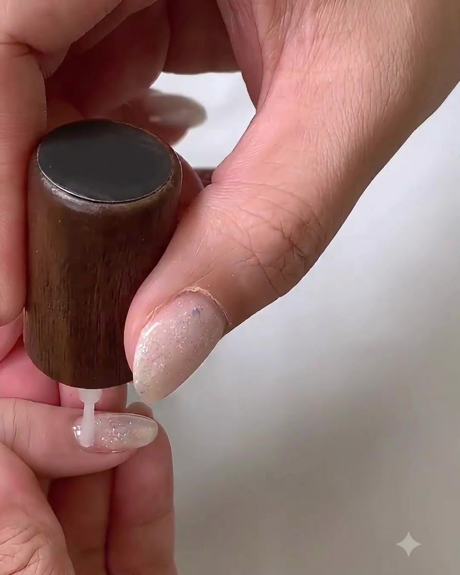 Un cepillo de uñas suave barriendo el polvo de la superficie de una uña manicurada.