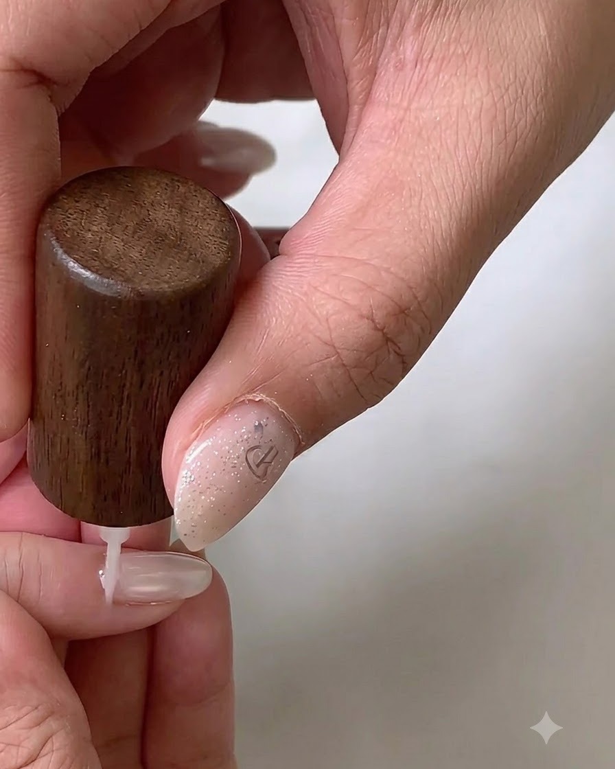 Un pincel de gel plano aplicando una capa base de gel blanco sobre una uña natural.