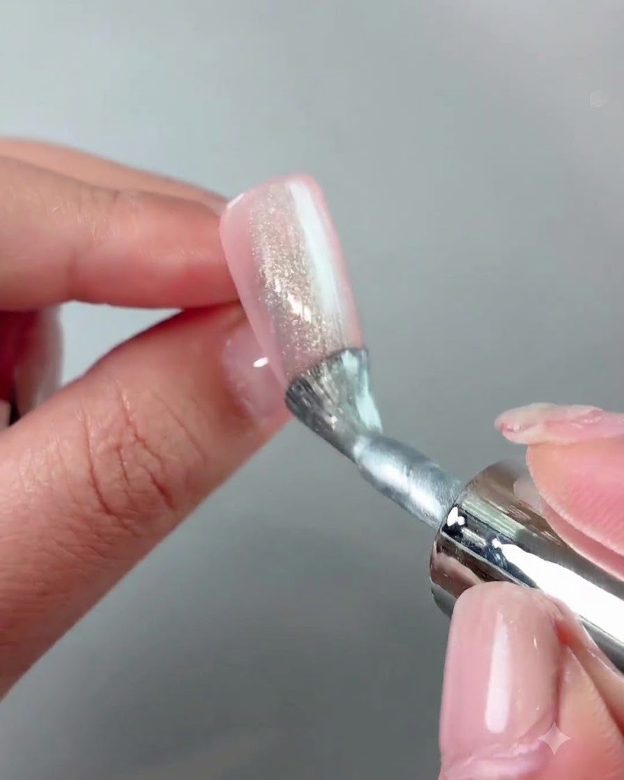 Una herramienta magnética sostenida cerca de los lados de una uña para empujar y dar forma a las partículas de ojo de gato en una banda ancha.