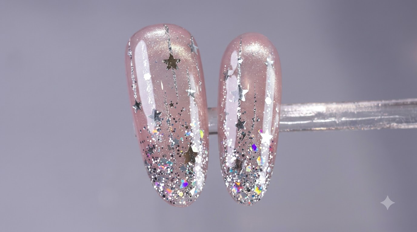 Uñas de gel estilo Ins con estrellas brillantes y degradado ojo de gato