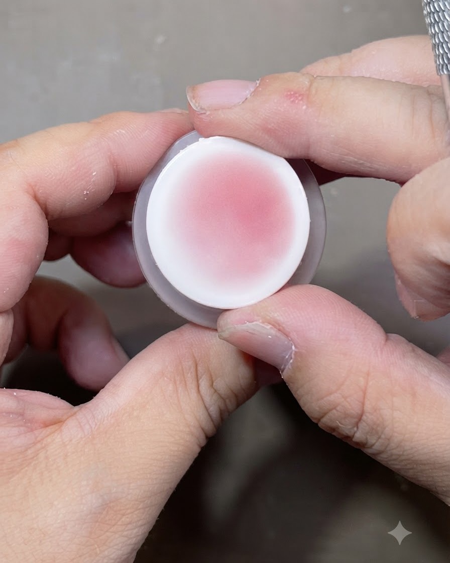 Un sello de uñas de cojín cargado con pigmento de rubor rosa suave, sostenido entre los dedos antes de su aplicación.