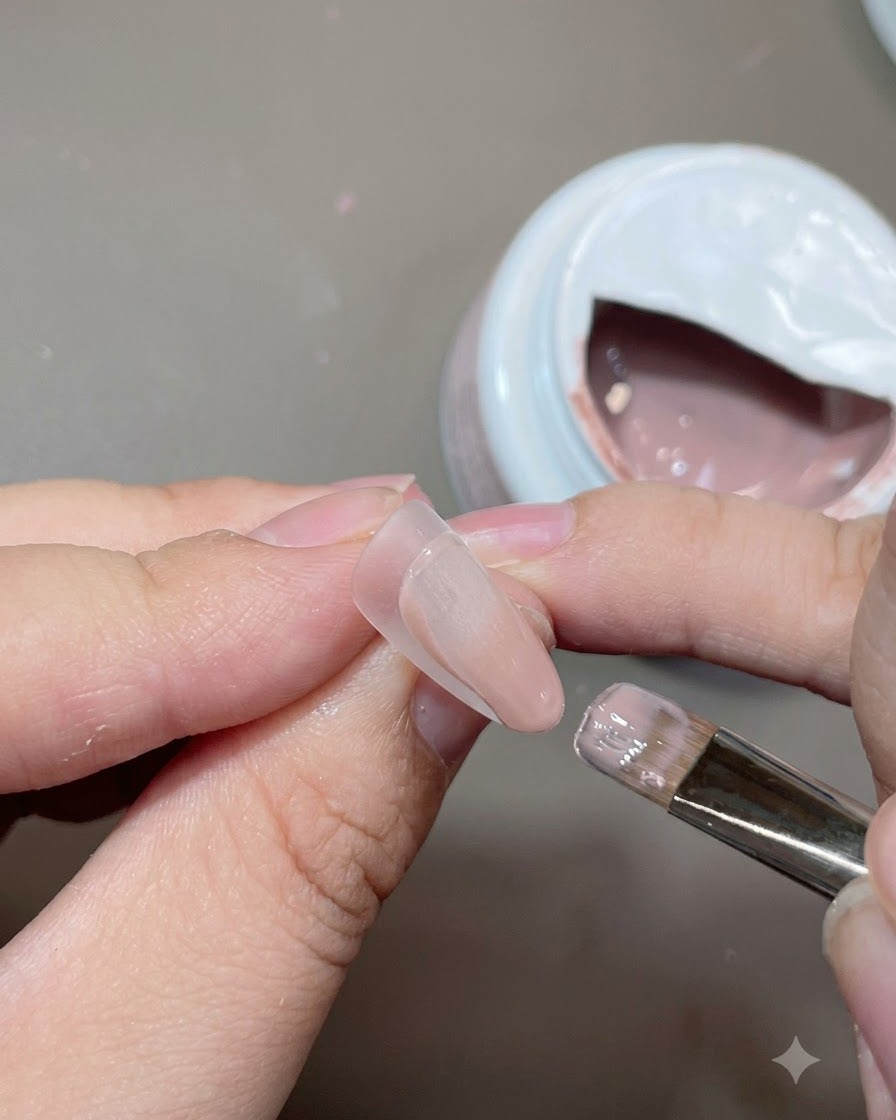 Un pincel de gel plano aplicando un color base nude sobre una punta de extensión de uña.
