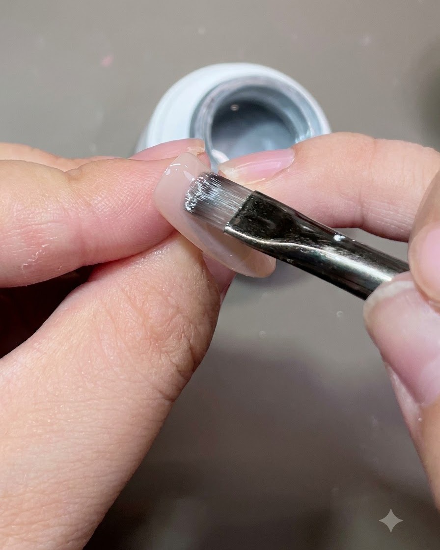 Un pincel aplicando gel ojo de gato translúcido sobre la superficie de una uña manicurada.