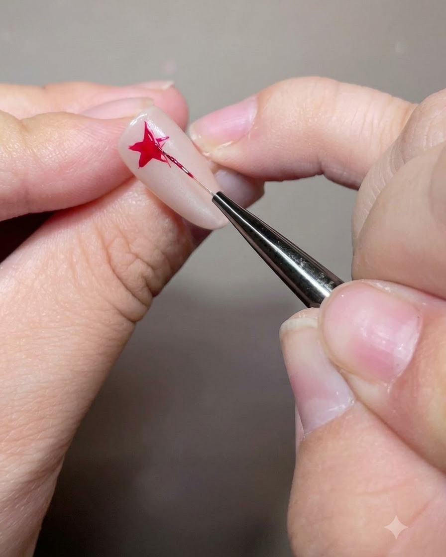 Un pincel delineador fino rellenando un diseño de estrella roja en una uña de gel.