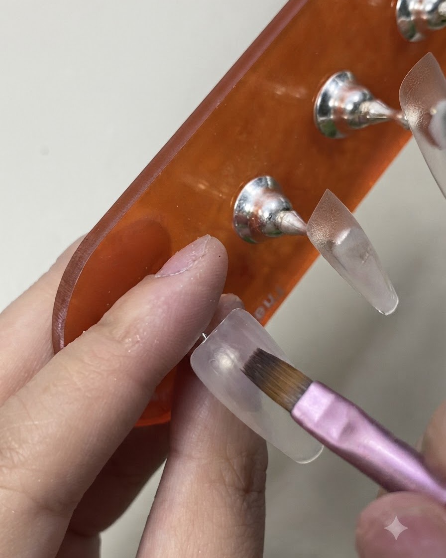 Un pincel deslizando una segunda capa de esmalte en gel blanco lechoso sobre la superficie de la uña para una opacidad sólida.