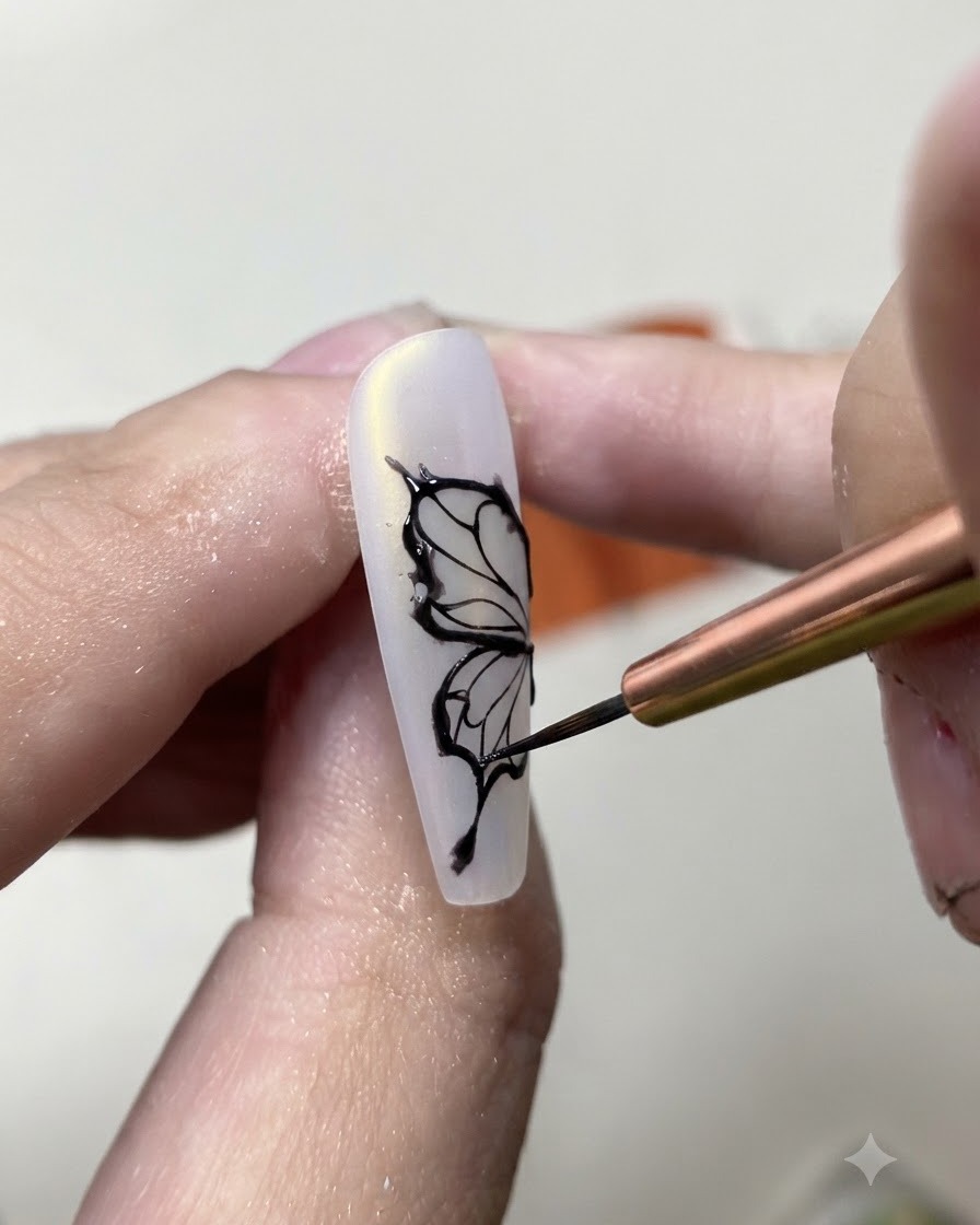 Un pincel delineador fino dibujando el delicado contorno negro de las alas de una mariposa sobre una uña blanca mate.