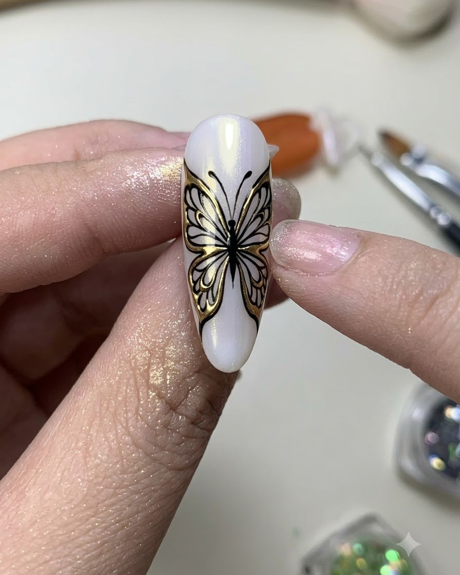 Una uña con un diseño detallado de líneas de mariposa negras colocado bajo una lámpara de curado UV/LED.