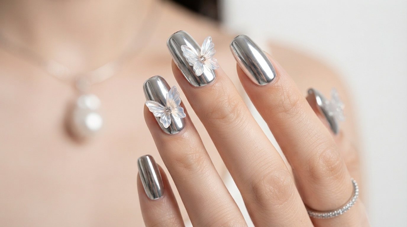 Diseño de Uñas Mariposa con Efecto Espejo y Cromo Plateado — Tutorial Paso a Paso